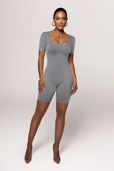 Women's solid color short sleeved large neckline fashionable and comfortable pit stripe sports jumpsuit