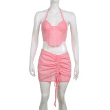 Solid lace hollowed out suspender with irregular navel wrap and high waisted drawstring pleated skirt two-piece set
