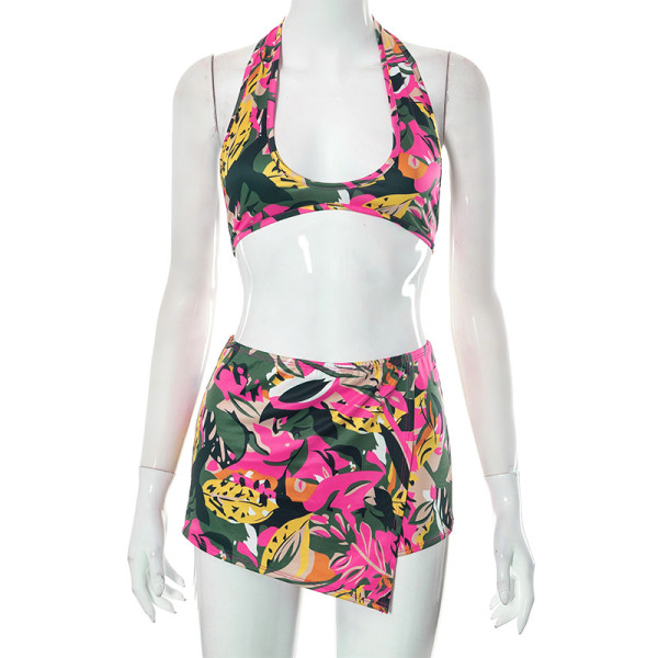 Printed Bikini Set Hanging Neck Top Shorts Beach Wear