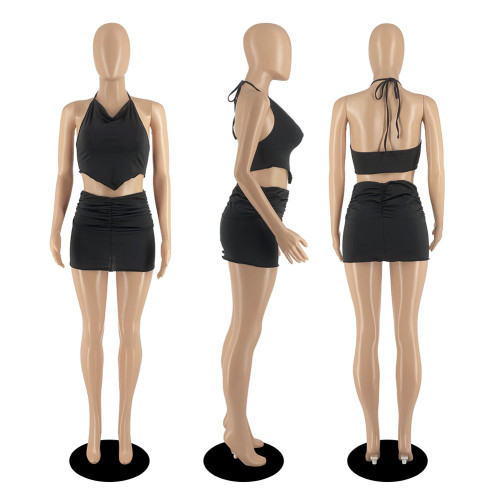 Fashion Hanging Neck Open Back Pleated Skirt Set