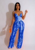 Women's suit printed tassel lace suspender jumpsuit two-piece set with micro flares