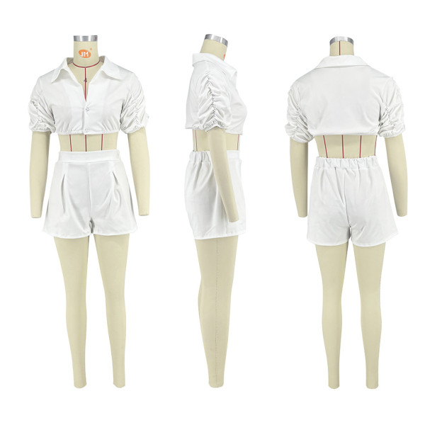 Fashion casual urban style solid color pile up sleeve shirt and shorts set