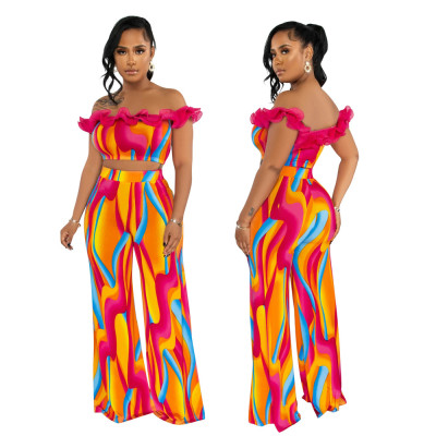 Fashion printed two-piece women's sexy one line neck slim fitting top with loose flared pants