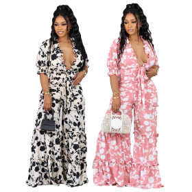 Sexy strap printed two-piece wide leg pants