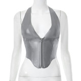 Solid casual sleeveless zipper backless strap hanging neck V-neck top