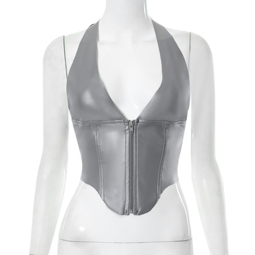 Solid casual sleeveless zipper backless strap hanging neck V-neck top