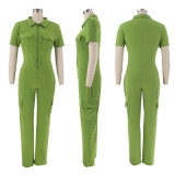 Slim fitting sexy lapel zippered 3D pocket jumpsuit