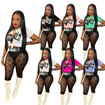 Irregular Split Letter Printing T-shirt Lace Perspective Pants Two Piece Set