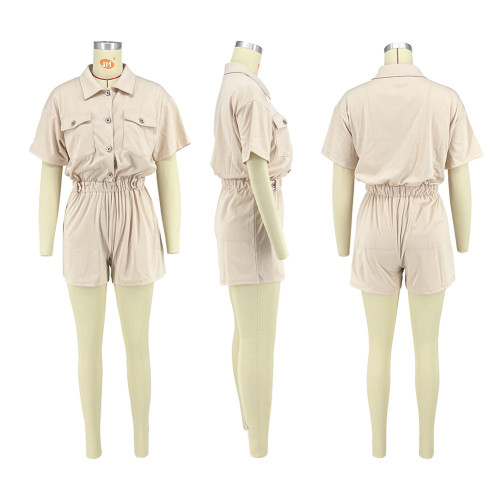Work style shaking head buckle pocket short jumpsuit