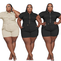 Women's solid color zippered lapel pocket top shorts casual two-piece set Women's solid color zippered lapel pocket top shorts casual two-piece set