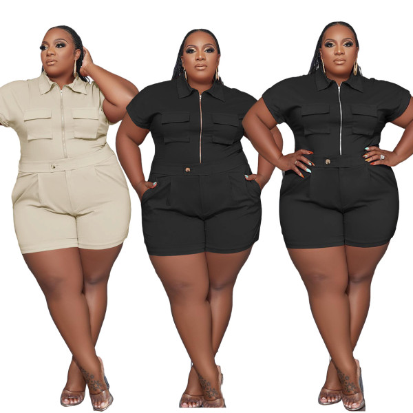 Women's solid color zippered lapel pocket top shorts casual two-piece set