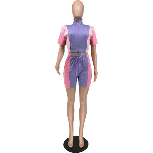 Fashion women's patchwork multi-color sports casual shorts two-piece set