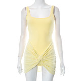 Solid casual sleeveless suspender jumpsuit twisted short skirt set