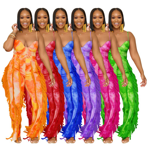 Women's suit printed tassel lace suspender jumpsuit two-piece set with micro flares