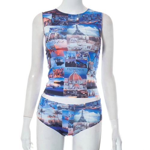 Sexy City Photography Print Sleeveless Beach Tank Top Short Set