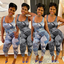 Fashionable imitation denim print sexy slim fitting suspender jumpsuit Fashionable imitation denim print sexy slim fitting suspender jumpsuit