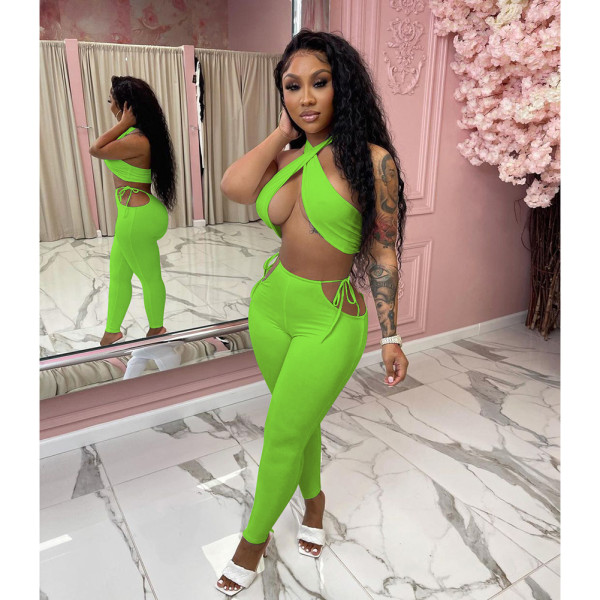 Sexy casual fashion solid color two-piece pants set