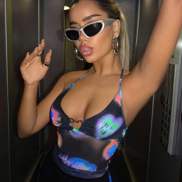 Sexy Mesh Perspective Printing Pleated Sleeveless Neck Strap Top