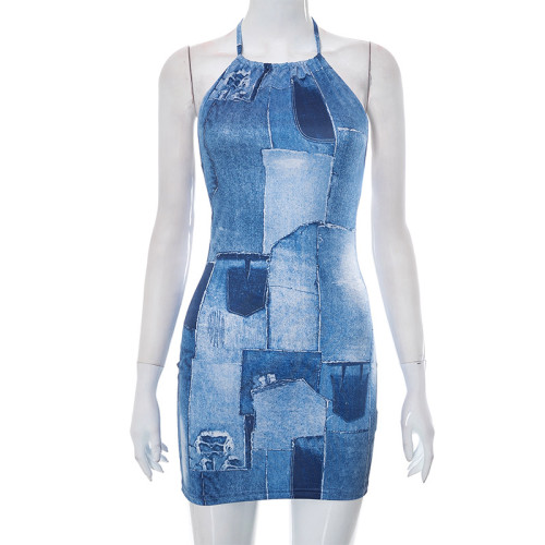 Casual sleeveless neck tie denim print backless short dress