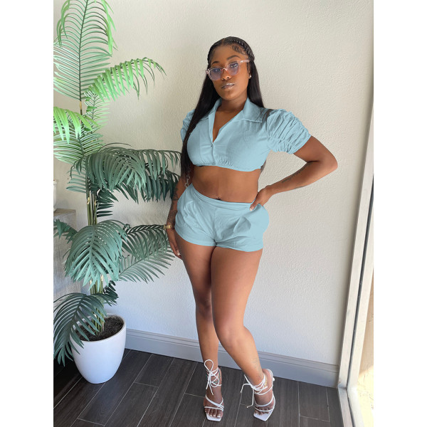 Fashion casual urban style solid color pile up sleeve shirt and shorts set