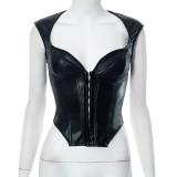 Solid casual sleeveless buckle PU leather fishbone slimming top
