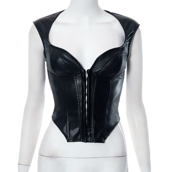 Solid casual sleeveless buckle PU leather fishbone slimming top