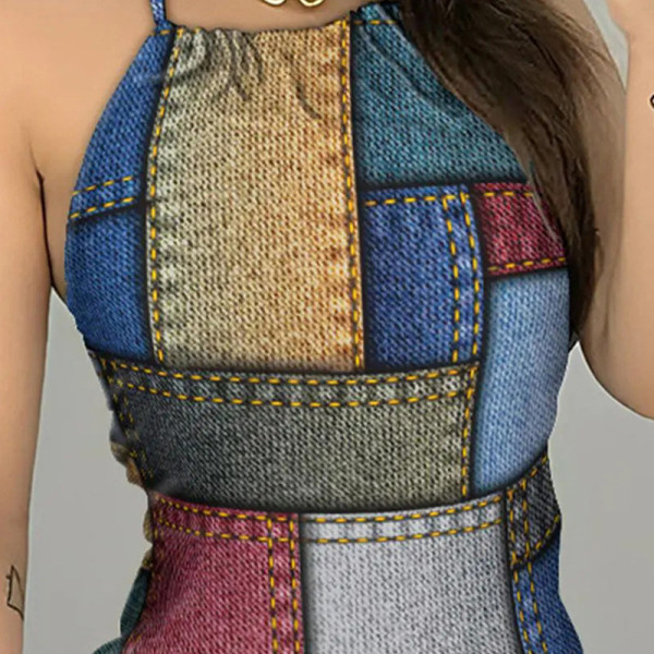 Casual sleeveless neck tie denim print backless short dress