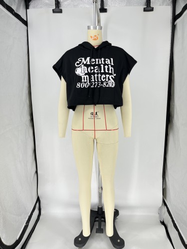 Letter Offset Pullover Hooded Short Sleeve T-shirt