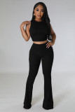 Women's Sexy Solid Color Round Neck Sleeveless High Bullet Pit Flare Pants Two Piece Set