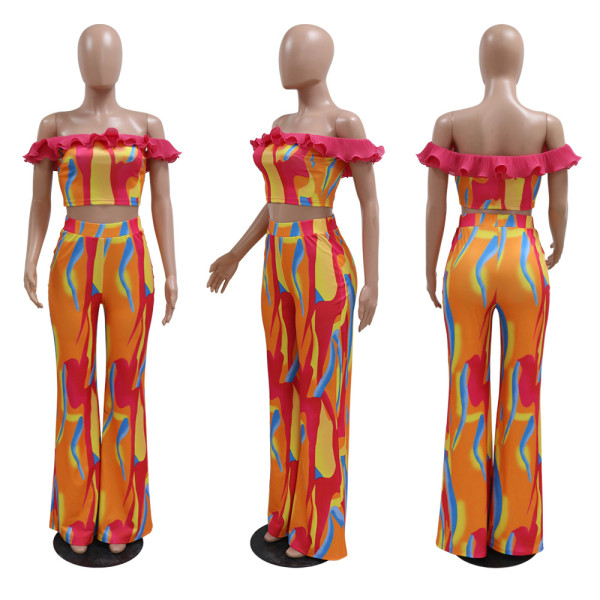 Fashion printed two-piece women's sexy one line neck slim fitting top with loose flared pants