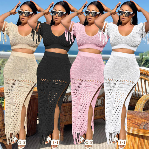 Casual Sexy Split Wool Knitted Hand Hook Knitted Tassel Two Piece Set
