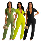 Slim fitting sexy lapel zippered 3D pocket jumpsuit