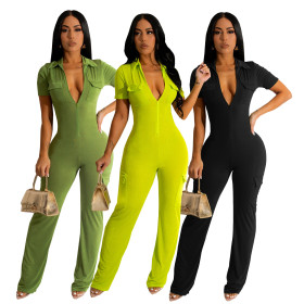 Slim fitting sexy lapel zippered 3D pocket jumpsuit