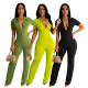 Slim fitting sexy lapel zippered 3D pocket jumpsuit