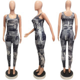 Fashionable imitation denim print sexy slim fitting suspender jumpsuit