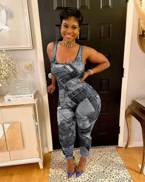 Fashionable imitation denim print sexy slim fitting suspender jumpsuit