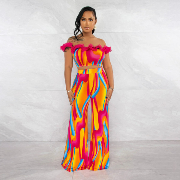 Fashion printed two-piece women's sexy one line neck slim fitting top with loose flared pants