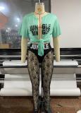 Irregular Split Letter Printing T-shirt Lace Perspective Pants Two Piece Set