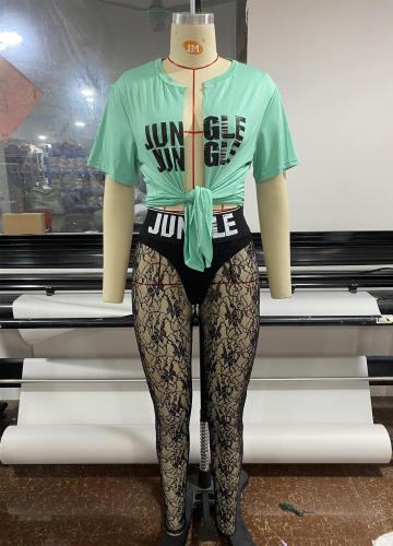 Irregular Split Letter Printing T-shirt Lace Perspective Pants Two Piece Set