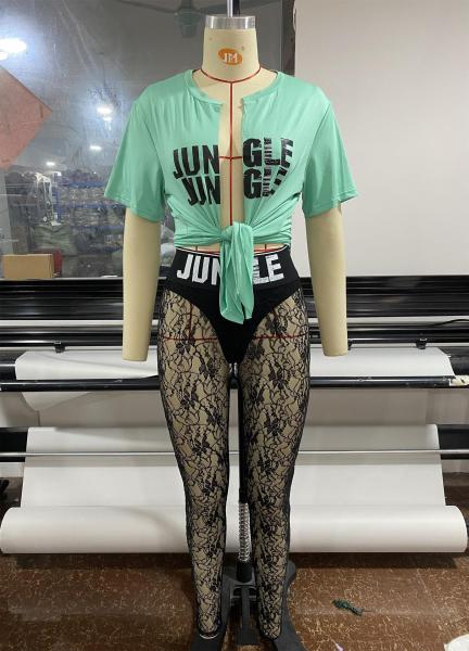 Irregular Split Letter Printing T-shirt Lace Perspective Pants Two Piece Set