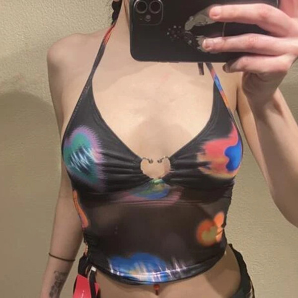 Sexy Mesh Perspective Printing Pleated Sleeveless Neck Strap Top