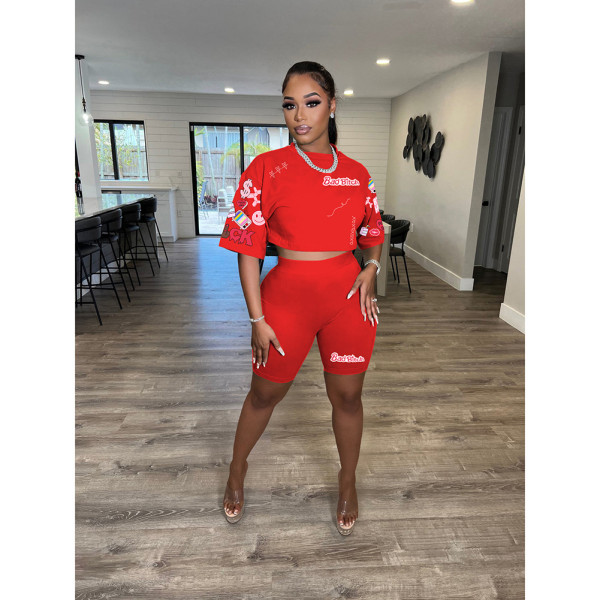Fashion printed round neck short sleeved shorts set