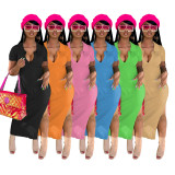POLO style one piece long dress, solid color pit stripe elastic lady skirt