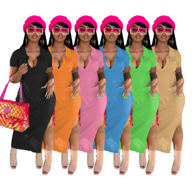 POLO style one piece long dress, solid color pit stripe elastic lady skirt