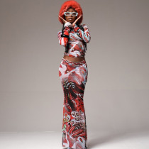 Sexy mesh printed perspective navel exposed long sleeved top long skirt set Sexy mesh printed perspective navel exposed long sleeved top long skirt set