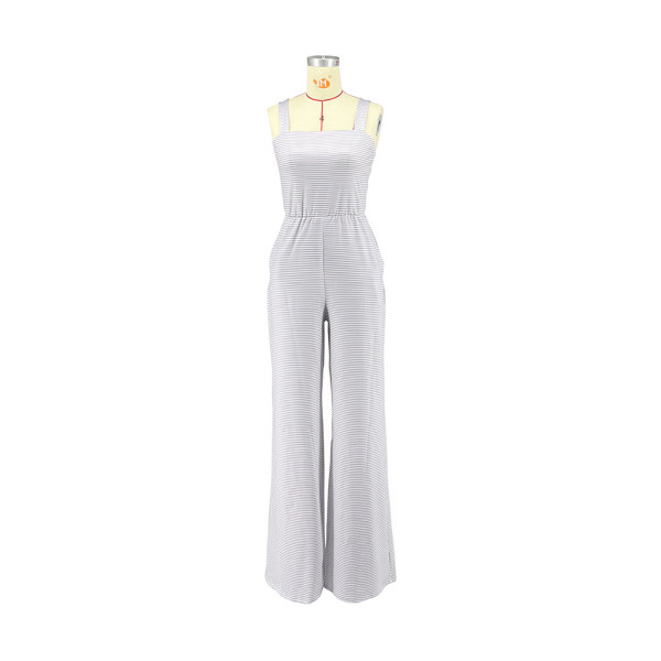 Striped Pocket Loose Long Strap Jumpsuit
