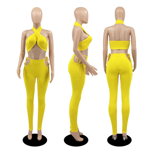 Sexy casual fashion solid color two-piece pants set