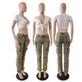 Fashionable multi pocket cargo pants street wash jeans