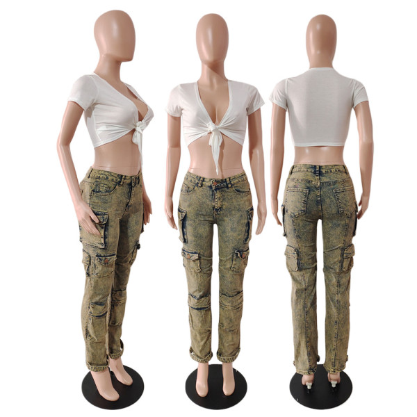 Fashionable multi pocket cargo pants street wash jeans