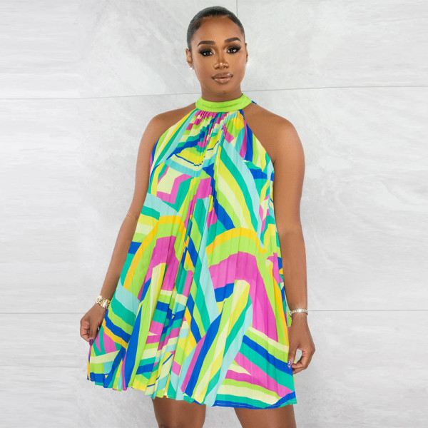 Beach Skirt Off Shoulder Sleeveless Printed Pleated Dress